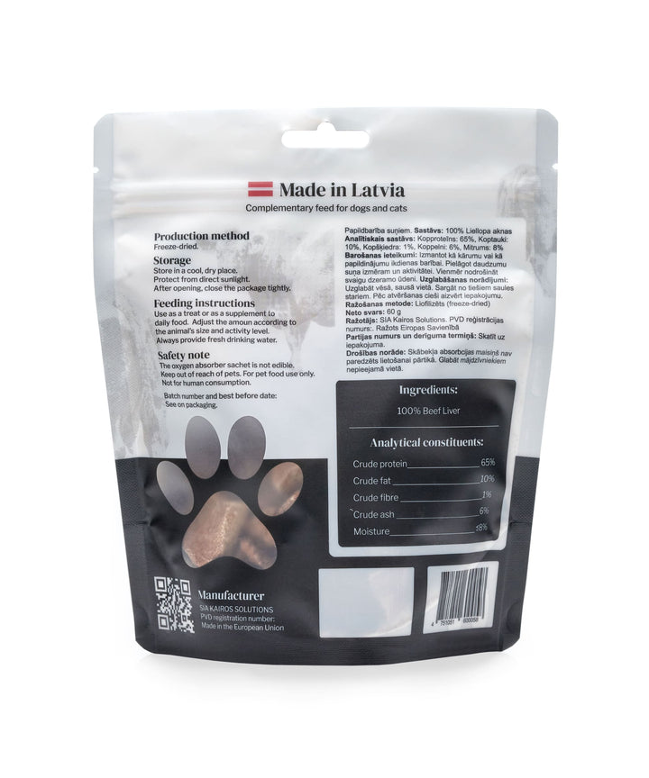 Freeze-dried beef liver - a complementary feed for dogs and cats. Raw tongue shown transforming into crispy dried slices. Grain-free, handmade, 100% natural, no preservatives, freeze-dried.