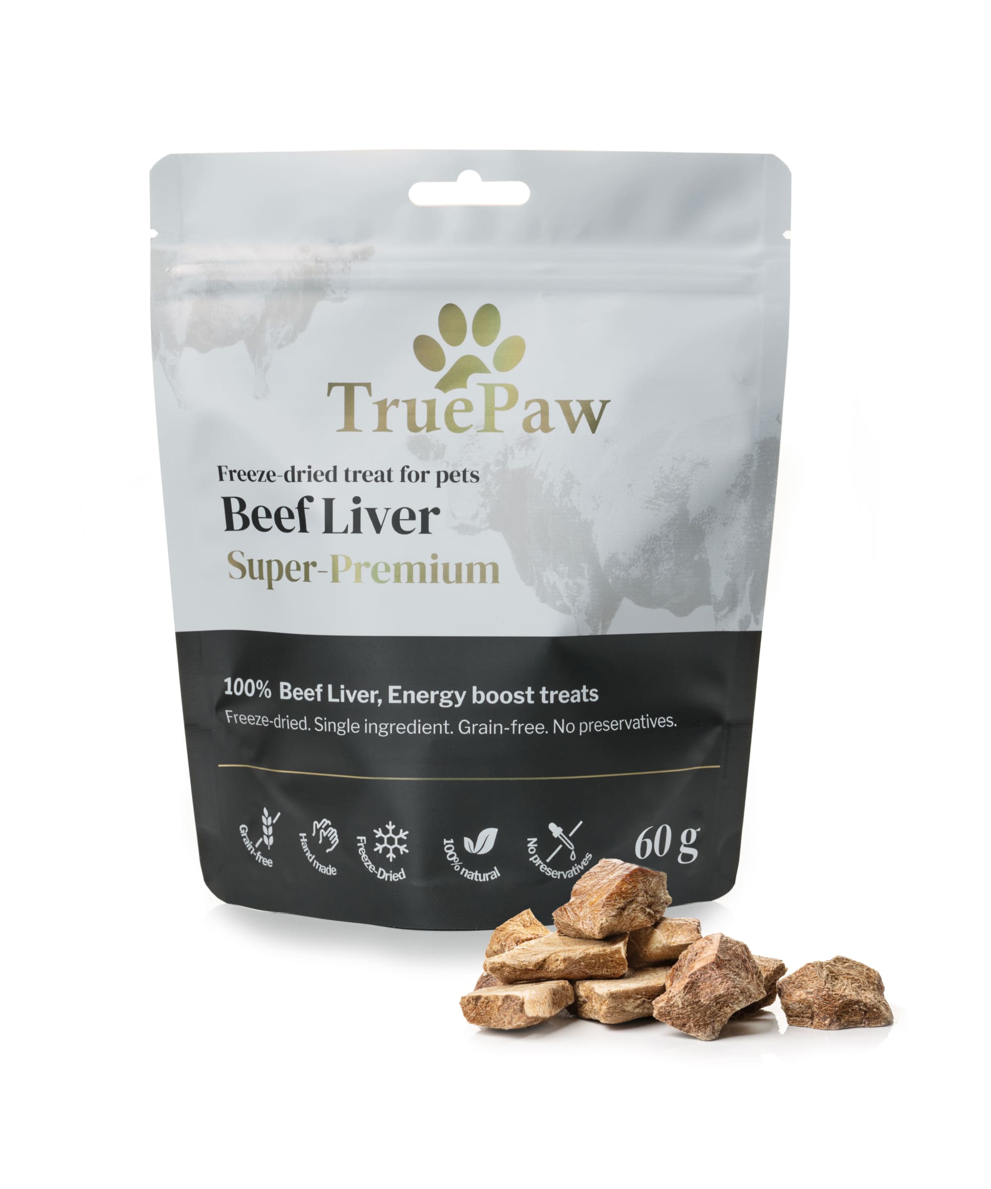 Freeze-dried beef liver pet treats. Image shows a raw beef tongue above an arrow pointing down to sliced freeze-dried treats. Grain-free, handmade, 100% natural, no preservatives.