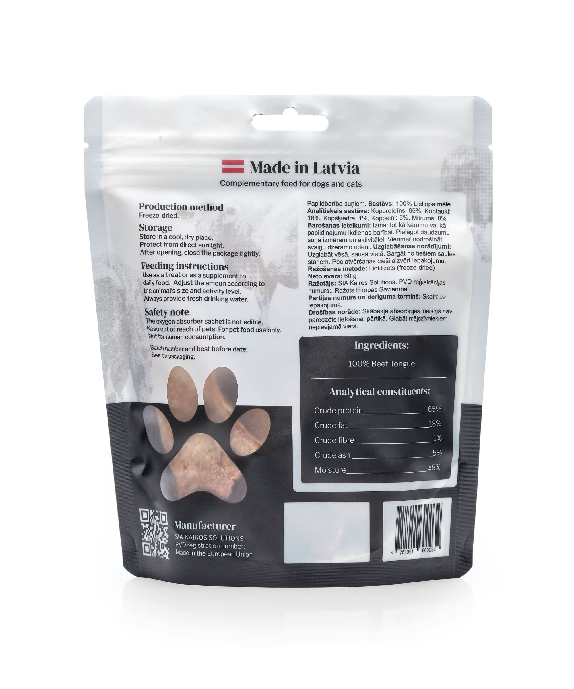 Freeze-dried beef tongue - a complementary feed for dogs and cats. Raw tongue shown transforming into crispy dried slices. Grain-free, handmade, 100% natural, no preservatives, freeze-dried.