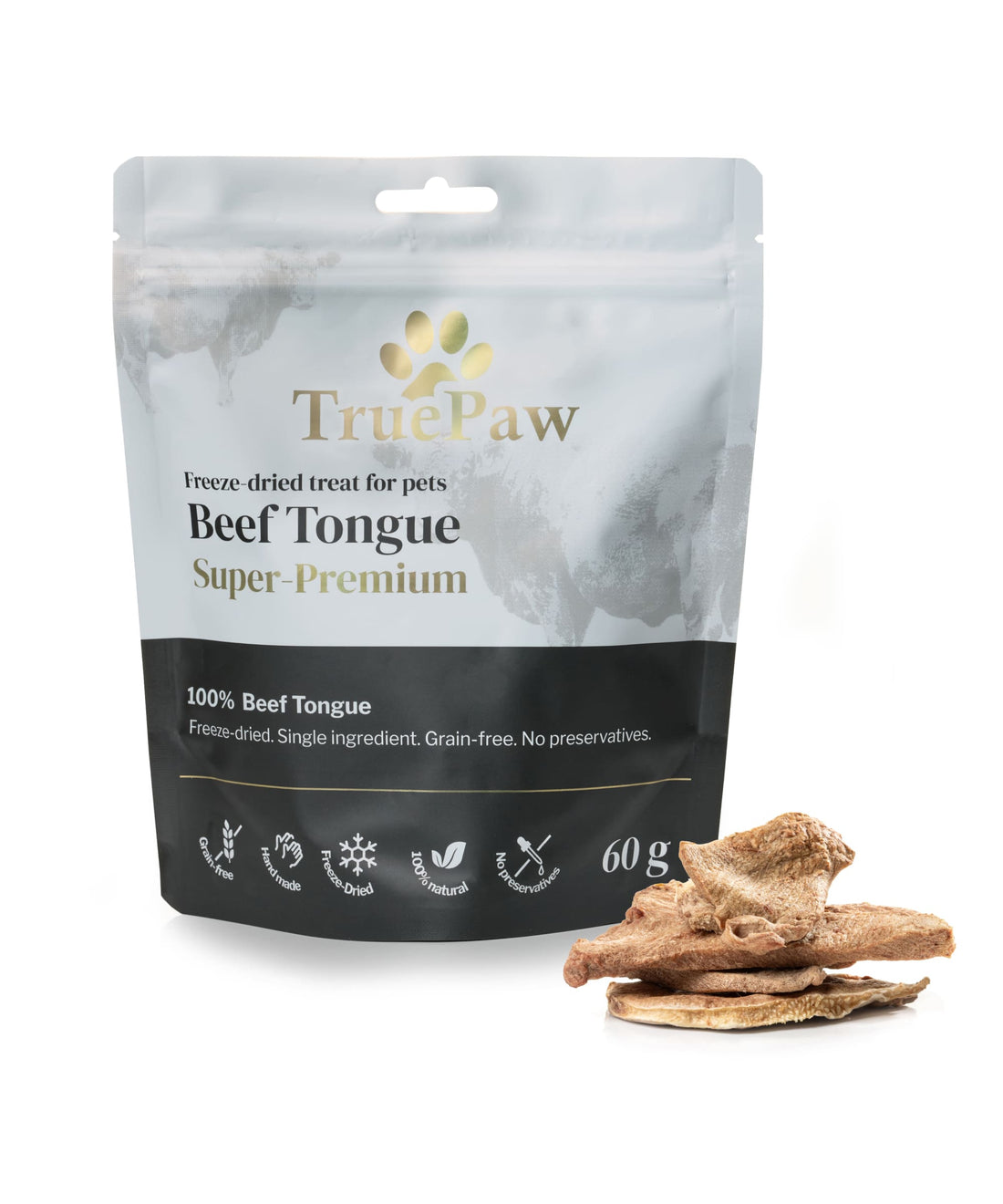 Freeze-dried beef tongue pet treats. Image shows a raw beef tongue above an arrow pointing down to sliced freeze-dried treats. Grain-free, handmade, 100% natural, no preservatives.