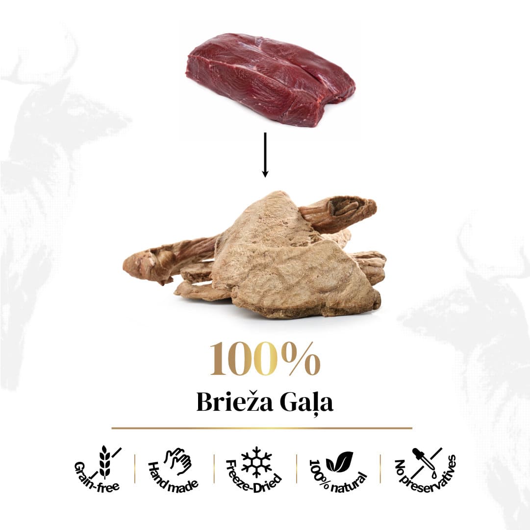 100% Brieža gaļā sublimēti kārumi dzīvniekiem. Attēlā redzama svaiga liellopa mēle, kas pārtop par kaltētiem gardumiem, un produkta īpašību ikonas: Grain-free, Hand made, Freeze-Dried, 100% natural, No preservatives.