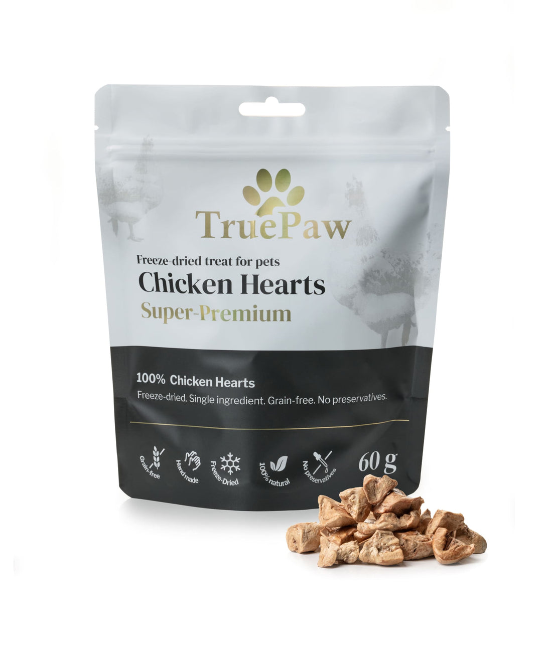 Freeze-dried chicken hearts pet treats. Image shows a raw beef tongue above an arrow pointing down to sliced freeze-dried treats. Grain-free, handmade, 100% natural, no preservatives.