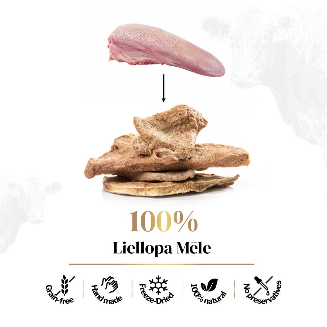 100% Liellopa mēles sublimēti kārumi dzīvniekiem. Attēlā redzama svaiga liellopa mēle, kas pārtop par kaltētiem gardumiem, un produkta īpašību ikonas: Grain-free, Hand made, Freeze-Dried, 100% natural, No preservatives.