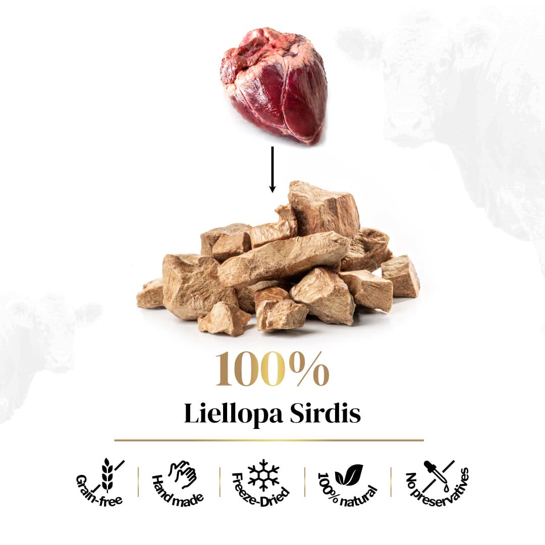 100% Liellopa sirdis sublimēti kārumi dzīvniekiem. Attēlā redzama svaiga liellopa mēle, kas pārtop par kaltētiem gardumiem, un produkta īpašību ikonas: Grain-free, Hand made, Freeze-Dried, 100% natural, No preservatives.