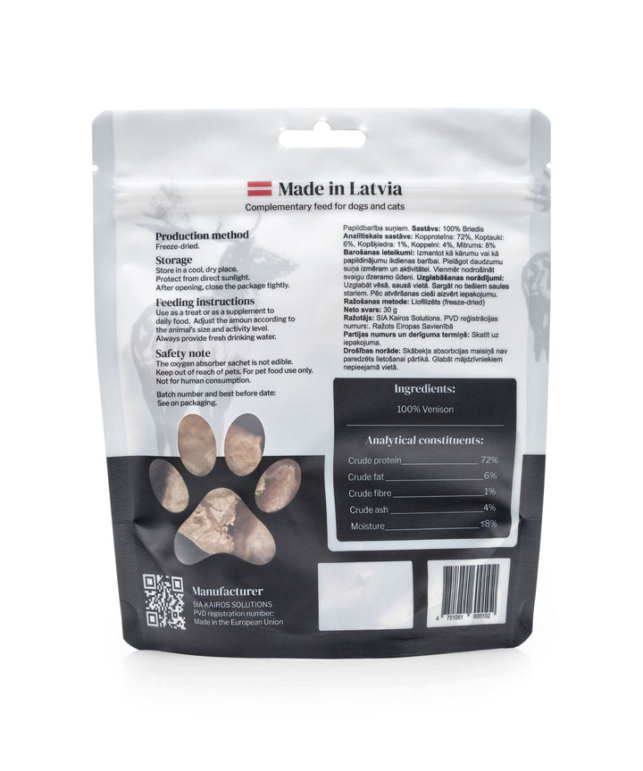 Freeze-dried vension - a complementary feed for dogs and cats. Raw tongue shown transforming into crispy dried slices. Grain-free, handmade, 100% natural, no preservatives, freeze-dried.