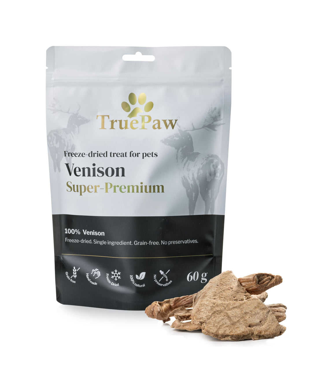 Freeze-dried vension pet treats. Image shows a raw beef tongue above an arrow pointing down to sliced freeze-dried treats. Grain-free, handmade, 100% natural, no preservatives.